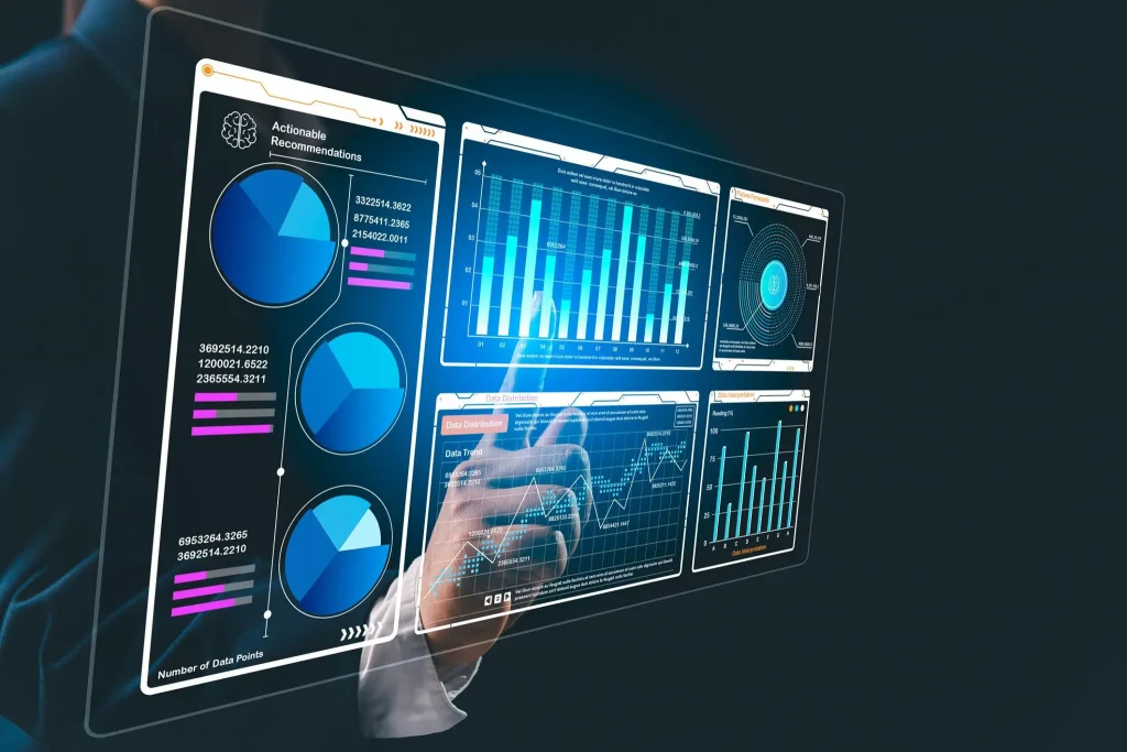 Hand touching a holographic analytics dashboard with charts and data