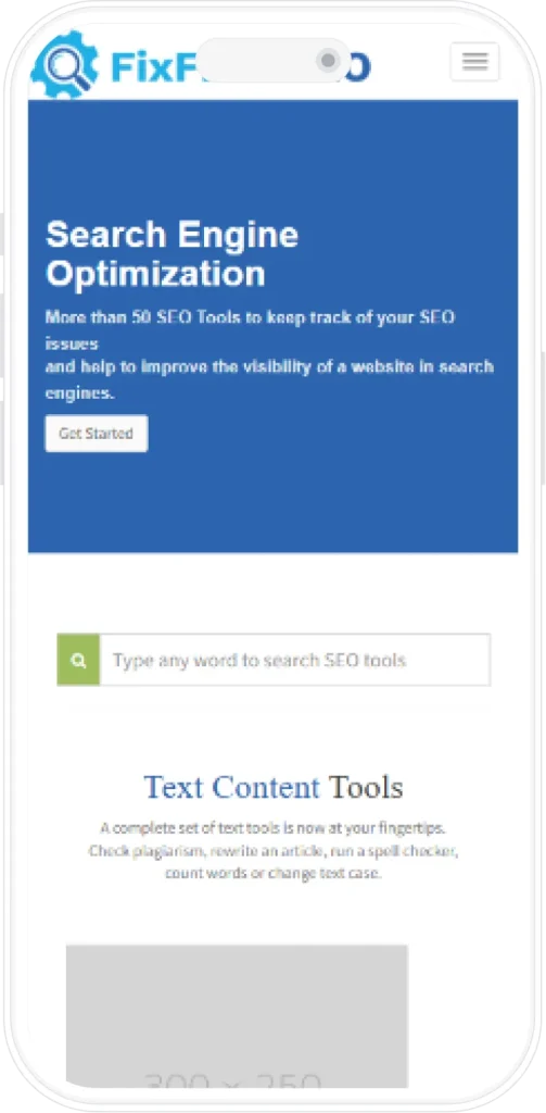 FixFirst SEO website on mobile with an SEO tool search and the Text Content Tools section