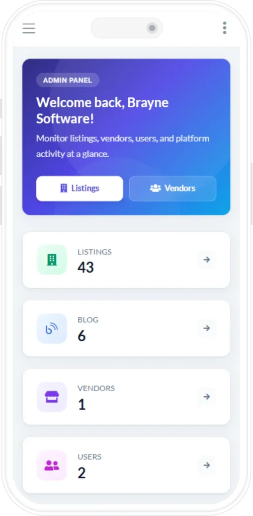 Cavite Biz Hub admin panel on mobile showing listing, blog, vendor and user totals