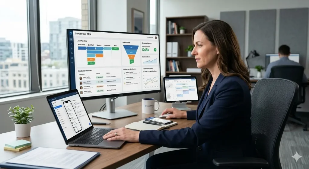 Small business owner using a custom crm dashboard to manage leads and customers.