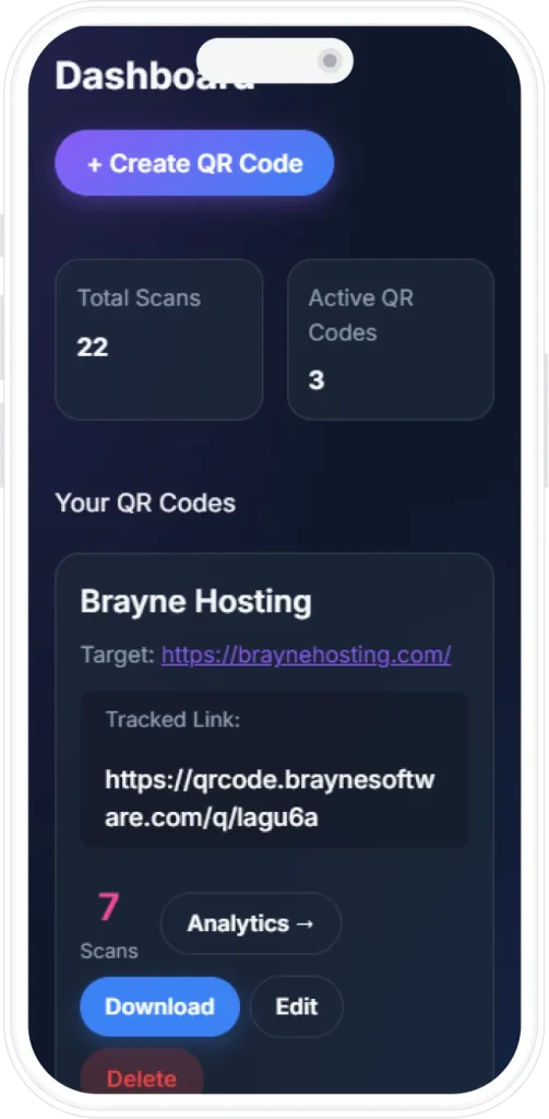 Brayne QR Tracker dashboard on mobile with total scans, active QR codes and a tracked link