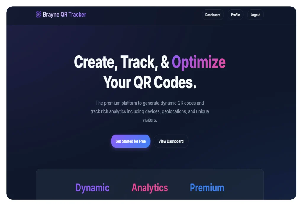Brayne QR Tracker homepage for creating and tracking dynamic QR codes