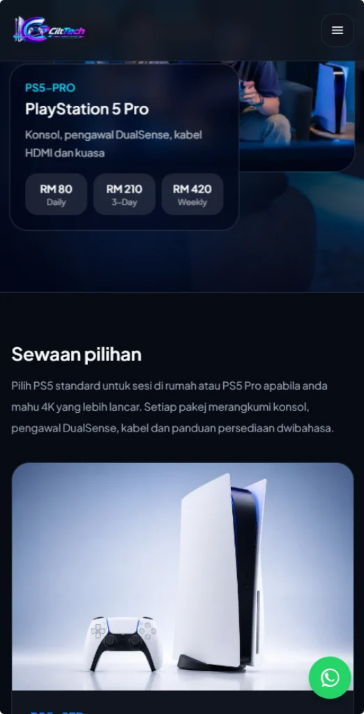 CiltTech rental website on a phone, showing the PlayStation 5 Pro rental card