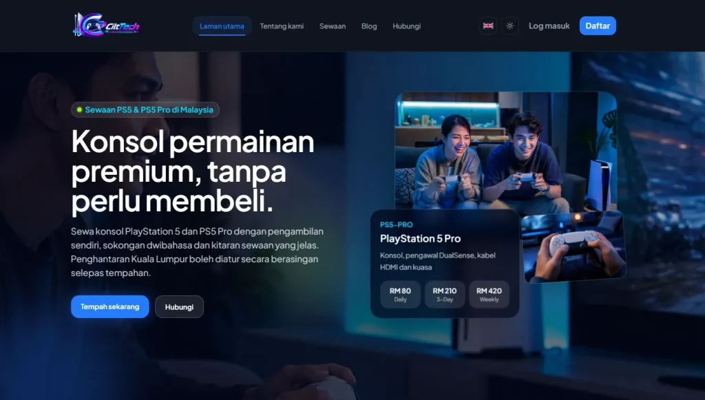CiltTech homepage in Bahasa Malaysia offering PS5 and PS5 Pro console rental