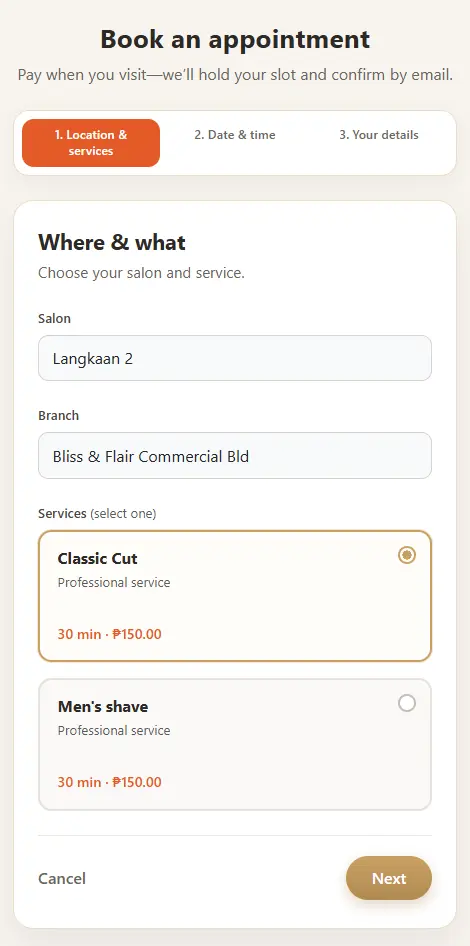 ERRA Barbers booking portal on mobile, choosing a branch and service for an appointment