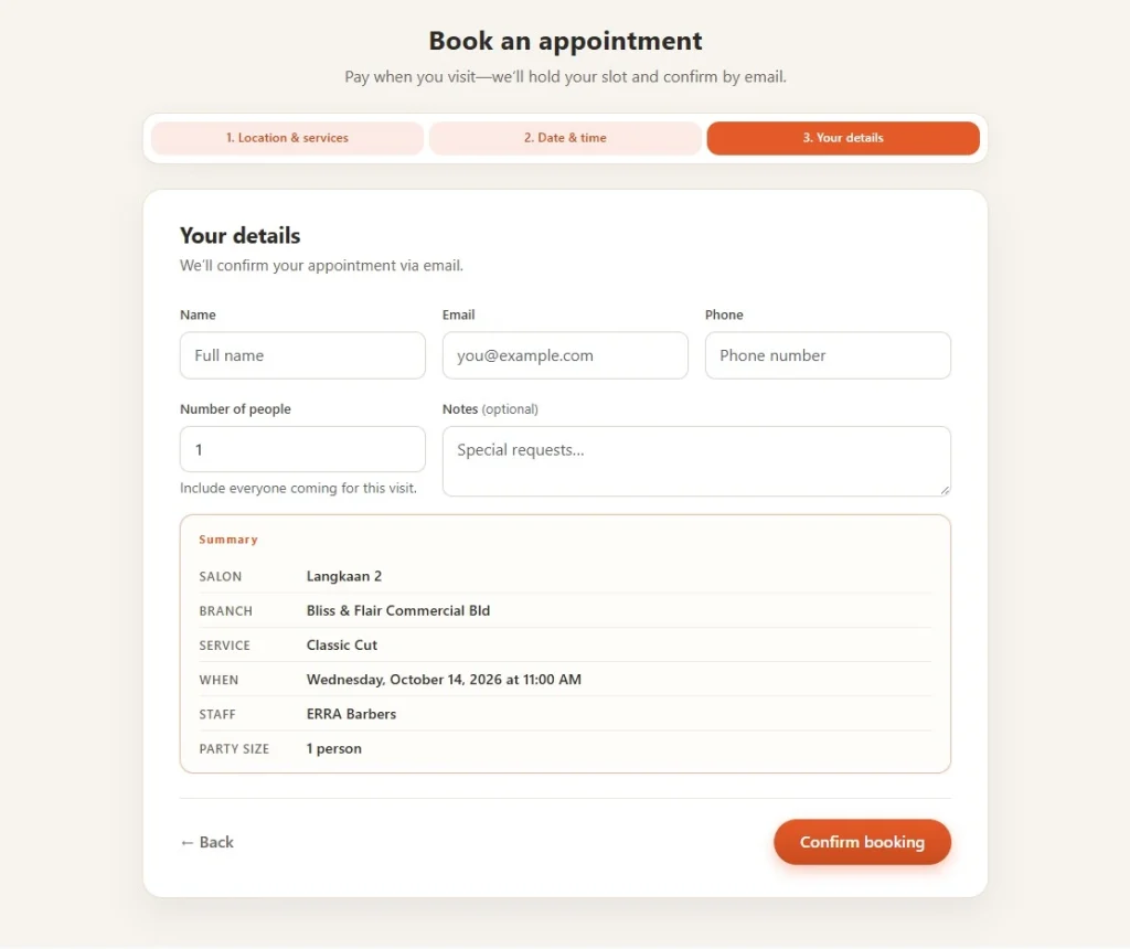 ERRA Barbers booking portal, customer details step with the appointment summary