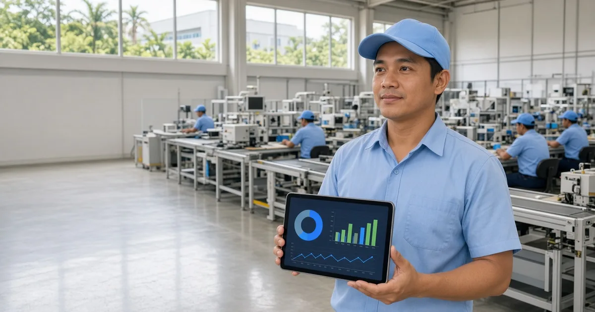 Supervisor holding a tablet on a factory floor