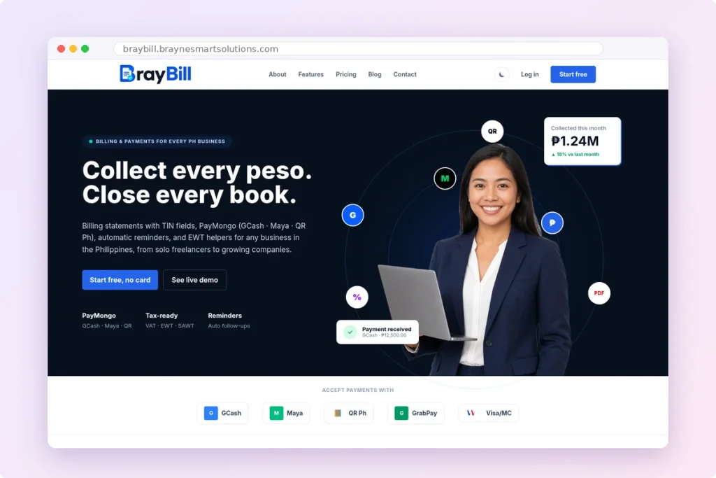 BrayBill homepage for online invoicing and payments