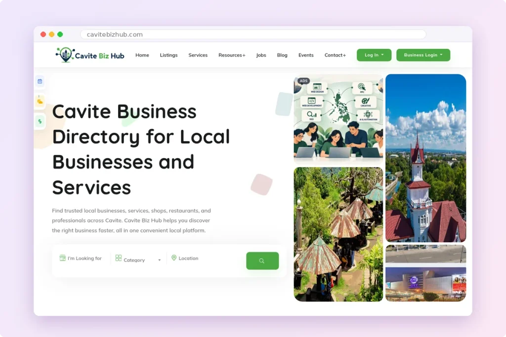 Cavite Biz Hub homepage with business search by category and location