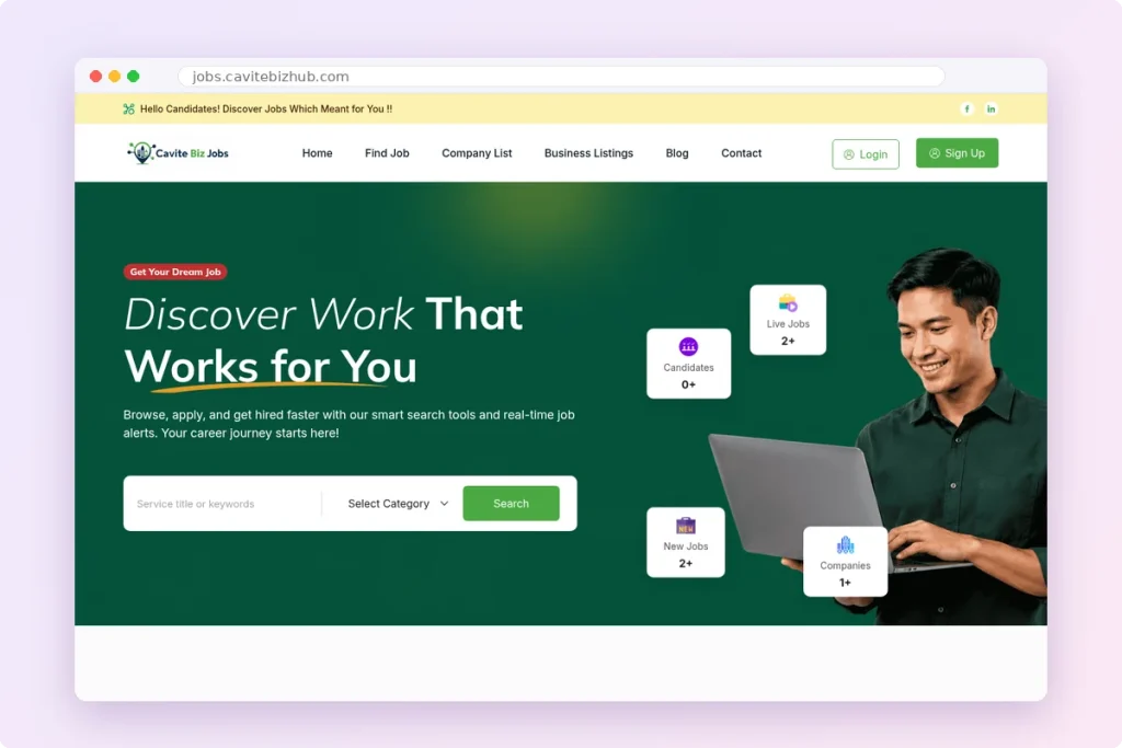 Cavite Biz Jobs homepage with job search by keyword and category