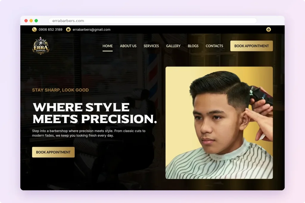 ERRA Barbers homepage with the tagline Where style meets precision