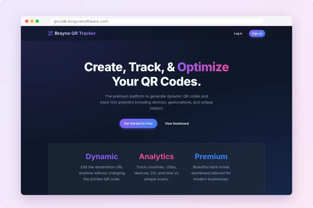Brayne QR Tracker homepage for dynamic QR codes with scan analytics